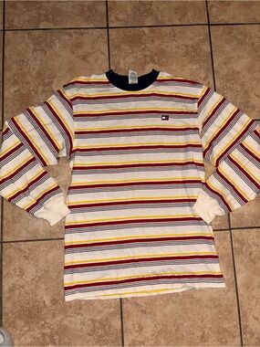 Tommy Hilfiger Navy Collar Striped Tee with Red & Yellow Bands